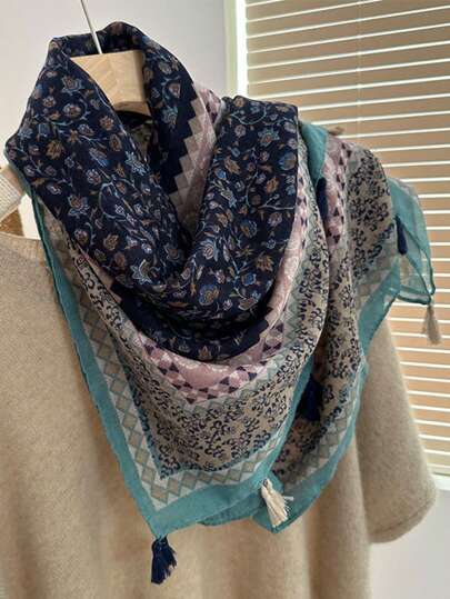 女士艺术风长围巾，灰蓝色花卉拼接，可作披肩/沙滩巾，春秋季百搭单品