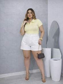 T-Shirt, Polo Shirt, Ribbed Cotton Shirt, Comfortable, Elegant, Everyday Casual, Plus Size. - 黃色 - 查看 4