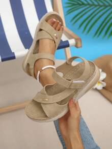 Sandálias plataforma femininas de verão 2026 com sola grossa, tira ajustável com , antiderrapantes e confortáveis para caminhada. Disponíveis em tamanhos grandes, para uso casual e esportivo. Costura artesanal. - Caqui - Ver 6