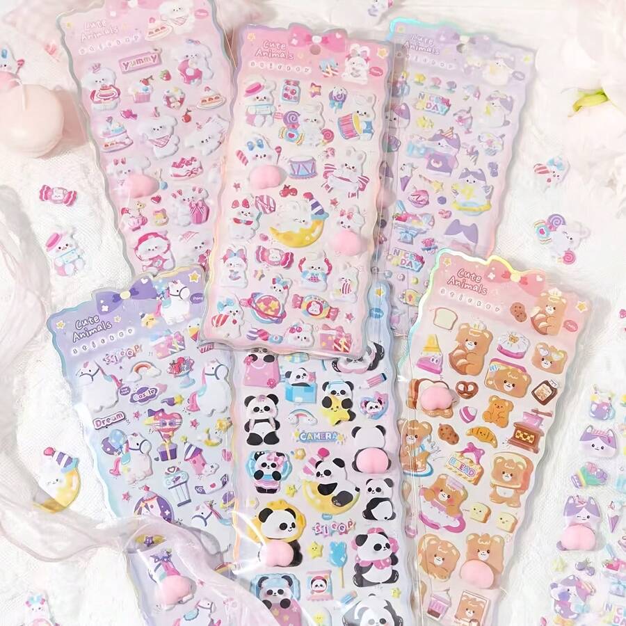 【7件套:蓬松立体屁股贴纸】兔子、熊、可爱动物图案 - 非常适合幼儿园、服装、手机壳、剪贴簿、文具装饰、自粘、幽默、手工用品、礼物、赠品、热门、日本市场 - 柴犬/動物/獨角獸7件裝 - 查看 1