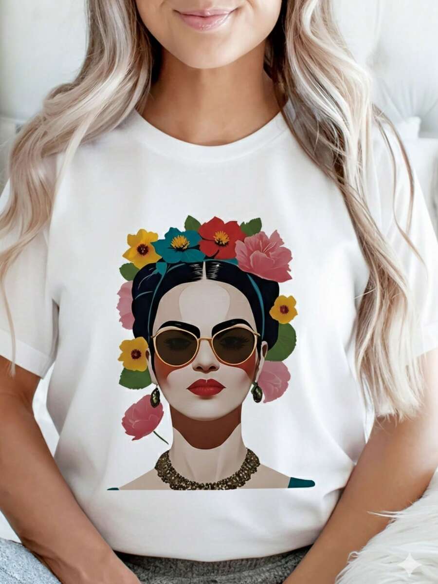 Women's Premium Cotton T-Shirt, Adult Frida Floral Design, Children's Streetwear Plus Sizes Up To G5 182 - 白色 - 查看 1