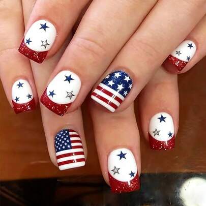 Bộ 24 miếng dán móng tay acrylic hình vuông ngắn, họa tiết cờ Mỹ, kiểu móng tay Pháp, kèm 1 lọ keo dán và 1 dũa móng, thích hợp cho các bữa tiệc, sự kiện và sử dụng hàng ngày. Phù hợp cho phụ nữ và bé gái. Bao gồm dụng cụ làm móng. Bộ dụng cụ làm móng có thể tạo hình.