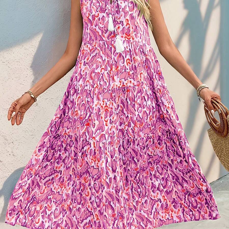 Sleeveless Bohemian Style Printed Dress With Tassels And Ties For Spring And Summer Vacation Women'S Wear - Màu tím - Xem 1
