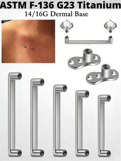 1 pieza Accesorio de joyería Anclaje Dermal de Titanio G23 con Rosca Doble Superficie Perforada, Base de Barra Micro Roscada Internamente