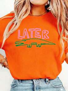 Women's Funny Later Gator T-Shirt - Sarcastic "Later" Crocodile Graphic Tee In White & Pink - Lightweight Everyday Shirt For Women - Machine Washable Casual Top, Allseason Apparel, Playful Graphic Shirt, Comfortable Fit ShirtBreathable All-Season Round Neck Printed T-Shirt - 橘色 - 查看 3