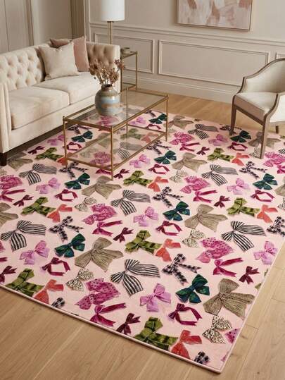 1pc Carpet/Rug, Modern Girly INS Style - Colorful Cartoon Bow Pattern Area Rug, Suitable For Bathroom, Kitchen, Entryway, Hallway, Bedside, Living Room, Bedroom, Washable Carpet Mat, Home Decor