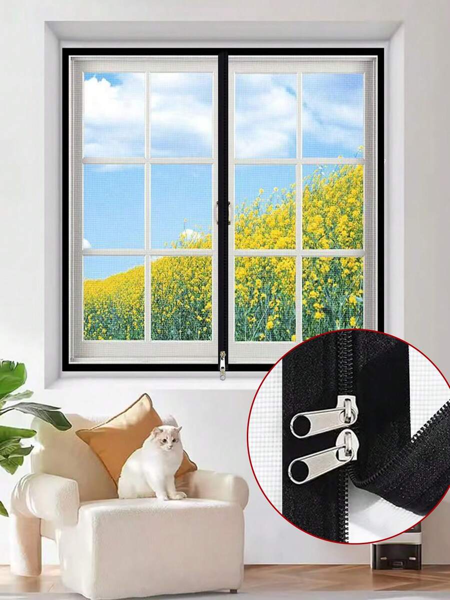 Mosquito Proof Mesh Screen, Self-Installation Invisible, No Drilling, Easy Zipper Mesh Door/Window, Self-Adhesive - Black-edged White Mesh Zipper Style - View 1