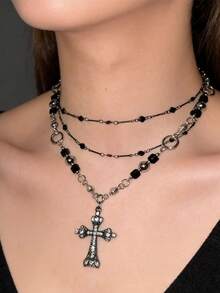 1 chiếc dây chuyền hình chữ thập nhiều lớp, chất liệu kim loại nhiều màu, đính đá Zirconia đen, phong cách Gothic, phù hợp cho cả nam và nữ, thích hợp cho tiệc tùng và đeo hàng ngày. - Nhiều màu - Xem 2