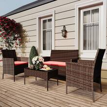 4-Piece Outdoor Furniture Set, PE Rattan Wicker Chairs With Soft Cushions & Tempered Glass Coffee Table - All-Weather Patio Set For Garden, Backyard, Porch, Poolside - Brown/Red - View 7
