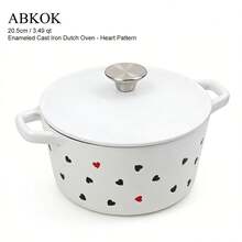 ABKOK 3.5夸脱珐琅铸铁荷兰锅，饰有精美心形图案，心形图案珐琅荷兰锅，容量3.5夸脱，耐高温达500°F（约260°C），适合2-4人使用，易于清洁，心形印花荷兰锅，珐琅铸铁炖锅，可用洗碗机清洗，可爱心形厨具，美观珐琅锅，情人节礼物之选 - 查看 9
