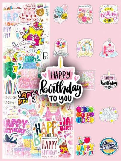 50张可爱卡通全息生日祝福贴纸，英文文字，趣味装饰贴纸，适用于手机壳、平板电脑、文具
