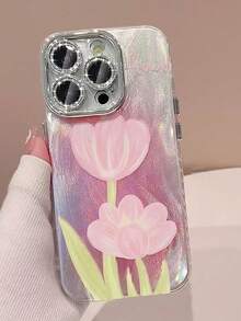 1个极简粉色郁金香羽毛雪纺电镀镜头保护手机壳，防震全包，适用于 11/12/13/14/15/16/17/PROMAX - 銀色 - 查看 2