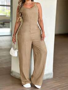 Mono informal de verano elegante para mujer con efecto de mezclilla, cuello en V, sin mangas, cintura fruncida, piernas anchas y bolsillos laterales - Marrón - Ver 3