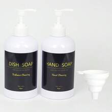2个500毫升/16.9盎司PET材质液体皂液器和洗洁精瓶套装，带泵头、漏斗和防水标签，可选配竹制托盘，台面按压式液体皂液器，适用于厨房和浴室盥洗台，黑色/白色/卡其色可重复灌装瓶，浴室配件 - 多色 - 查看 15