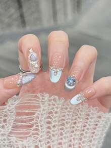 10pcs/Set Press On Manicure, Blue Danube, Bursting Flash, Cat's Eye, Gilt, Pile Of Rhinestones, Graceful, Gentle, Handmade, Wearable Nail Art - Multicolor - View 2