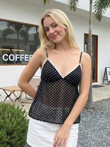 Womens Dot Print Camisole Lace Trim Adjustable Spaghetti Straps Sleeveless V-Neck Summer Tank Tops - màu đen - Xem 1
