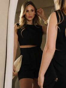 Blusa Feminina Cropped Regata Social Alfaiataria Blusa Elegante Casual Chique - Preto - Visão 3