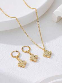Juego de aretes y collar con flor de cuatro hojas de diamante completo, accesorios de joyería elegante y delicada, regalo de fiesta para mujeres - Dorado - Ver 3
