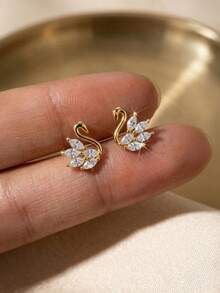 BALMORA 1pair Minimalist S925 Sterling Silver Cute Swan Stud Earrings, Animal Earrings, Daily Accessory Gift - Gold - View 8