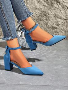 Tacones de mujer con punta afilada, de ante, con diseño hueco y lazo, de tacón grueso, versátiles para uso diario, trabajo, negocios, color negro, tallas grandes - Celeste - Ver 6