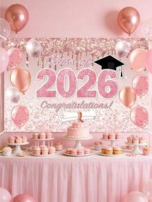 1pc 2026 Graduation Party Backdrop, Congratulations Graduates Pattern, Pink & Gold Background, Indoor/Outdoor Wall Decor, Home Decor, Graduation Party Decoration, Wedding - Multicolor - View 2