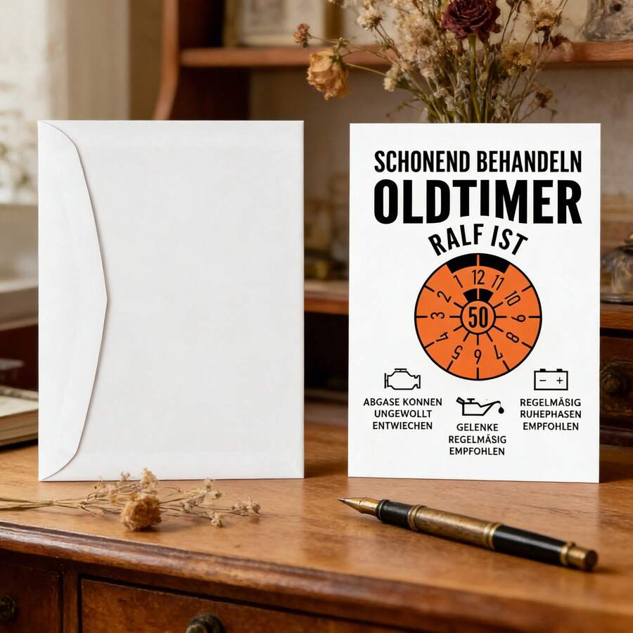 Interesante tarjeta conmemorativa de "Edición clásica de automóviles" para el 50 cumpleaños, con sobre blanco - Perfecta para hitos de 50 cumpleaños, eventos de celebración de entusiastas de automóviles clásicos y intercambios de regalos divertidos. Es muy adecuada para entusiastas de automóviles clásicos, padres, tíos, amigos, colegas y cualquiera que esté a punto de cumplir 50 años y disfrute de chistes con temática de automóviles. - A - Ver 1