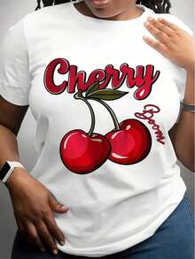 Women's Washed Cherry Graphic T-Shirt, Premium Quality Print  Hand-Picked Cherries Design, Summer Casual Top, Medium Elasticity Fabric - White - View 8