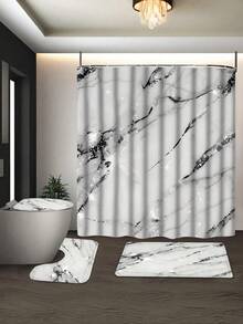 Marble Pattern Shower Curtain Set With 12 Hooks, Water-Resistant Polyester Knit Fabric, Wipe Clean, Includes U-Shaped Toilet Mat, Lid Cover, And Rug - Modern Bathroom Decor - A - View 7