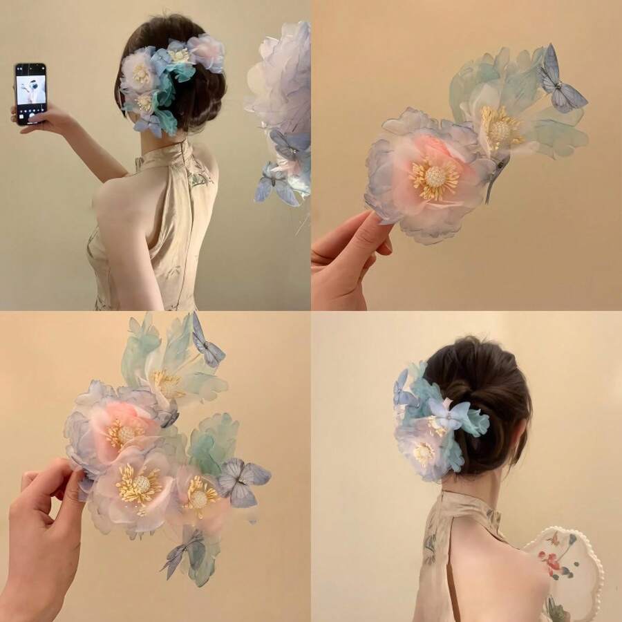 超 妖精みたい メッシュ 花 真珠 ヘアピン エレガント ユニバーサル 横用 アップピン ファッション 撮影 雰囲気 ヘアアクセサリー - #3 クロークリップ - ピンク - チェックする 1
