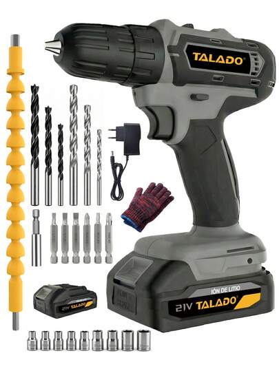 Taladro Inalámbrico TALADO 12V, 2 Velocidades, 18+3 Ajuste de Par, Luz LED, Kit Completo con Accesorios para Madera, Metal y Reparaciones del Hogar