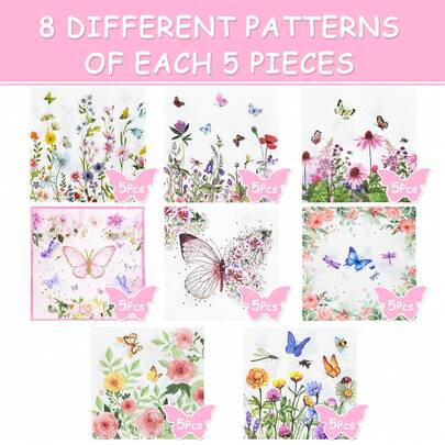 40 khăn giấy dùng một lần hình bướm, kích thước 13 * 13 inch, gồm 8 họa tiết khác nhau, mỗi họa tiết có 5 tờ, tổng cộng 40 tờ, với hình ảnh hoa và bướm theo phong cách màu nước tươi tắn làm chủ đạo. Họa tiết bao gồm nhiều loại hoa như hoa anh túc, hoa hồng, hoa dại, cũng như các loài bướm, chuồn chuồn và côn trùng đầy màu sắc.