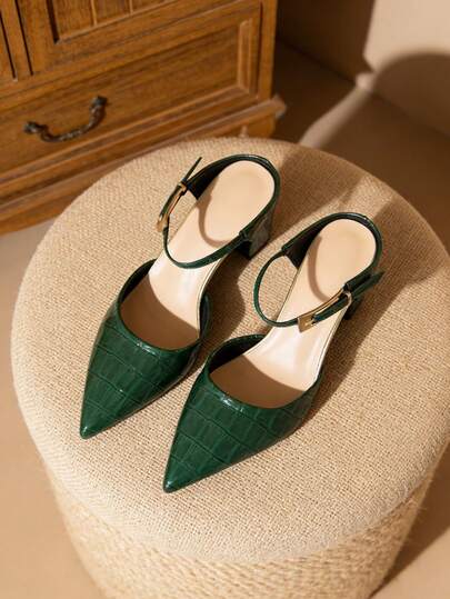 Crocodile Embossed Pointed Toe Chunky Heel Backless One-Strap Metal Buckle Dress Sandals, Versatile For Party, Office, Spring & Summer