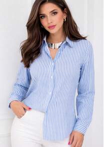 Camisa Manga Longa Feminina Listrada com Botões na frente em Tecido Crepe Premium  Elegante  Diário  Primavera   Verao  Inverno - Azul bebê - Visão 7