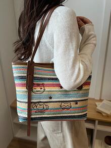 Fashionable Rainbow Striped Woven Tote Bag, Versatile Women Handbag For Beach Vacation - Multicolor - View 5