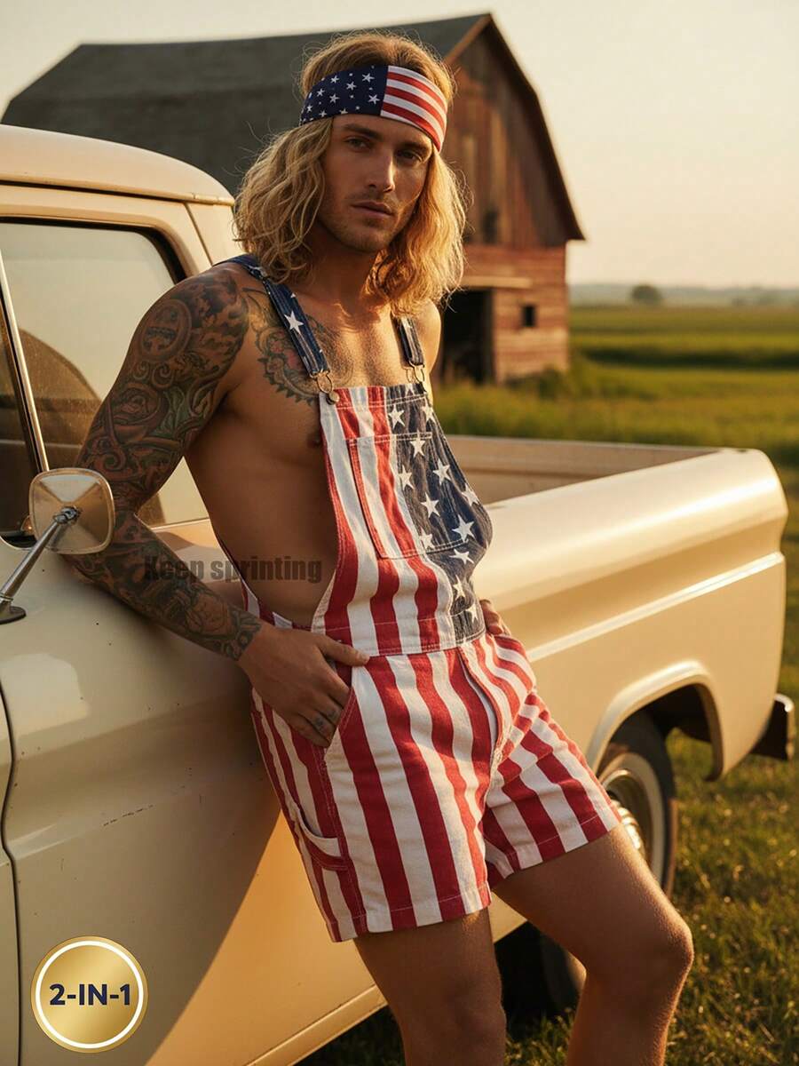 American Flag Print Short Overalls With Headband - Patriotic Fourth Of July Outfit For Men & Women, Vintage American Flag Sleeveless Short Overalls - Casual Patriotic Streetwear With Adjustable Straps, USA Flag Short Overalls - Patriotic Stars And Stripes Denim Shortalls With Headband For 4th Of July & Summer Festivals - Nhiều màu - Xem 1