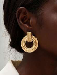 1 Pair Fashionable Minimalist Geometric Hollow Alloy Large Hoop Earrings, Tassel Design Metal Round Earrings, Exaggerated Versatile - Pair Of Round Earrings - View 9