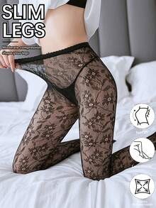 Japanese Lolita Retro Floral Jacquard Mesh Stockings, Lightweight Spring/Summer Pantyhose, Sexy Non-Snag Fishnet Tights - Black - View 8