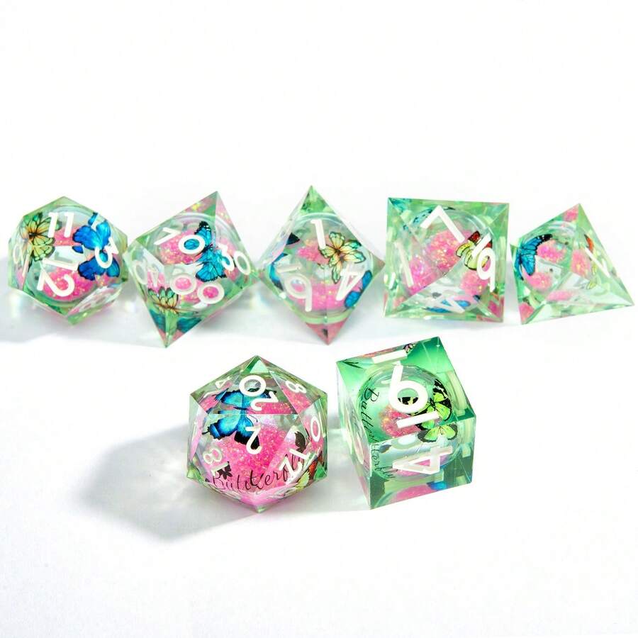 7pcs Butterfly Themed Dice Set - Rainbow Liquid-Filled Multi-Faceted Polyhedral Dice, Ideal For MTG Pathfinder And Tabletop RPG Games - Multicolor - View 1