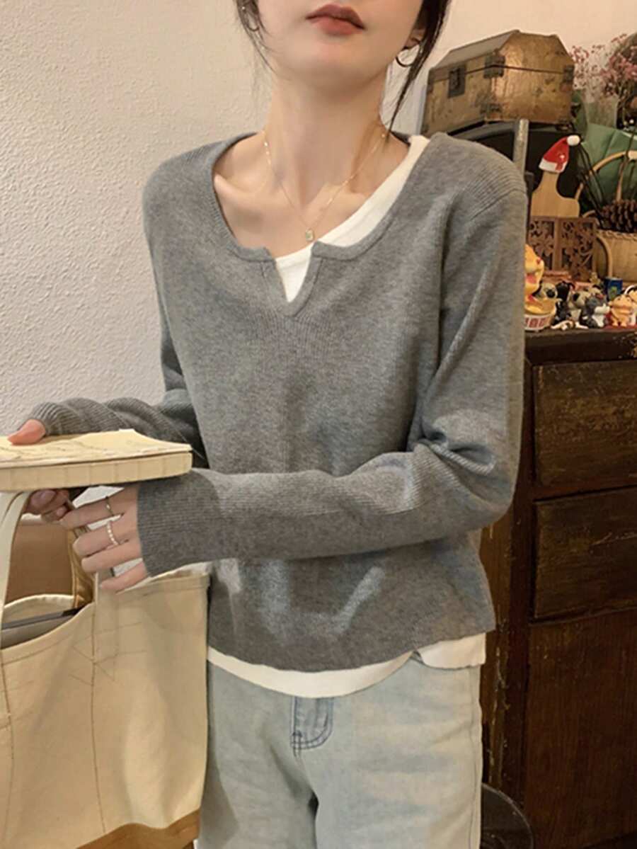 女士轻便二合一休闲百搭日常毛衣上衣 - 灰色 - 查看 1