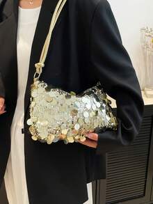 New Sequin Underarm Bag, Fashionable Minimalist Shoulder Bag, Large Capacity Handbag, Evening Shoulder Bag - Gold - View 2