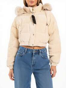 Women's Winter Puffer Jacket, Velvet, Corduroy - 米白色 - 查看 1
