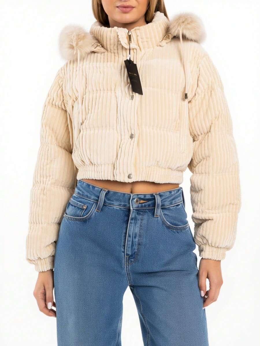Women's Winter Puffer Jacket, Velvet, Corduroy - 米白色 - 查看 1
