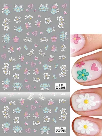 2 piezas Pegatinas de arte de uñas 3D florales y coloridas - Calcomanías de flores autoadhesivas brillantes, adecuadas para manicura DIY, decoración del hogar o salón, reutilizables, aptas para mujeres y niñas, suministros de arte de uñas | Patrón floral | Brillante, decoración de uñas