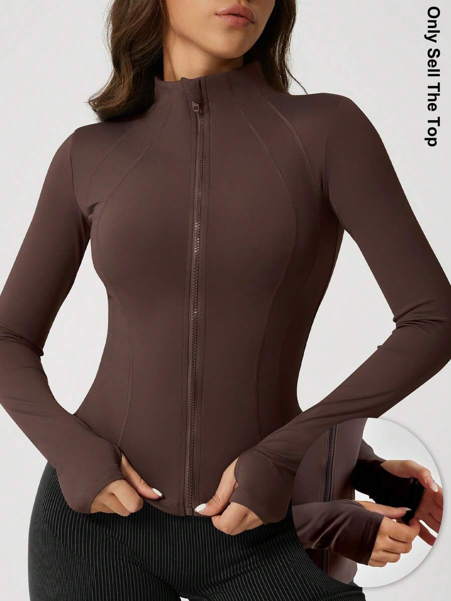 1pc Women's Fishbone Line Black Sports Jacket, Elastic Fitted Yoga Coat - Coffee Brown - View 1