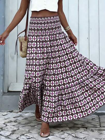 New Arrival Spring/Summer Vacation Style High Waist Elastic Waist Multi-Layered Flared Skirt: Bohemian Boho Purple Brown Geometric Contrast Print, Drawstring Waist, Suitable For Daily Wear, Beach Vacation, Sunbathing