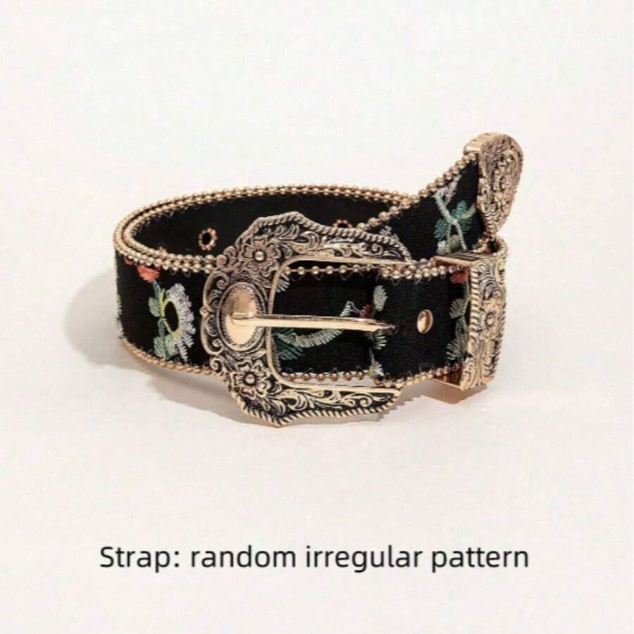1pc Asymmetrical Random Floral Western Style Rose Print Women's Belt - Black - View 1