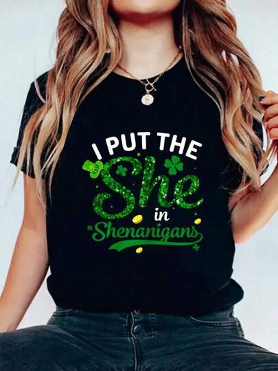 Women T-Shirts,Women Tops,vestidos de fiesta,conjuntos de mujer,I Put The She In The Shenanigans Shirt St Patricks Day Women T-Shirt  Print Cotton T-Shirt For Summer, Women's Soft Short Sleeve Top, Stylish Comfy Tee For Women Graphic Tees,playeras de mujer tops