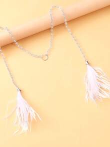 1pc Metal Chain Face Jewelry With White Feather Tassel, Party Accessory - Silver - View 5