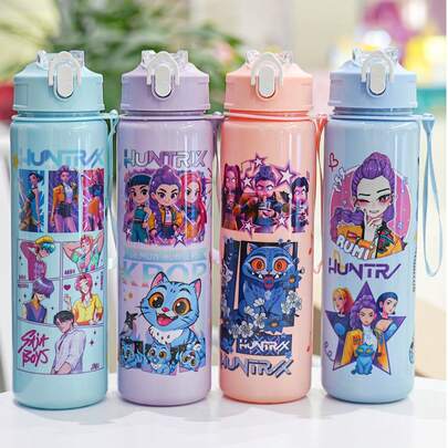 Hasbro KPOP 魔女猎人 750ml 防漏运动水壶套装，饰有动漫人物和宠物图案，一键式壶盖和便携挂带，适合生日、圣诞节、感恩节、K-Pop 粉丝收藏、户外活动和节日礼物
