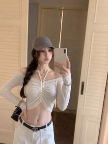 Áo len dài tay dáng ngắn cổ yếm xếp ly, kiểu dáng mới cho mùa Xuân/Hè. - Màu trắng sữa - Xem 3